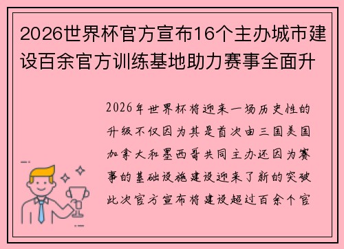 2026世界杯官方宣布16个主办城市建设百余官方训练基地助力赛事全面升级 ⚽ 2026世界杯官方宣布16个主办城市建设百余官方训练基地助力赛事全面升级 ⚽