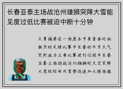 长春亚泰主场战沧州雄狮突降大雪能见度过低比赛被迫中断十分钟