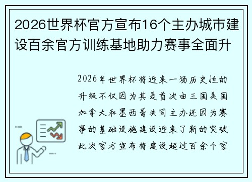 2026世界杯官方宣布16个主办城市建设百余官方训练基地助力赛事全面升级 ⚽ 2026世界杯官方宣布16个主办城市建设百余官方训练基地助力赛事全面升级 ⚽